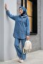 Kangaroo Pocket Hooded Jeans Set with Snap Front - Blue - 4