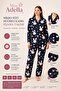 Women's Buttoned High Collar Pajama Set Rabbit Patterned Black Color 4 Season Tracksuit Set