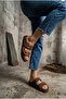 Brown Women's Suede-Look Anatomical Sole Double-Strapped Velcro Buckle Detailed Comfortable Summer Slippers - 4