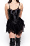 Lace Detailed Satin Corset Mini Suspender Black Shorts Skirt Dress - 3
