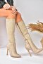 Beige Suede Thin Heeled Pointed Toe Women's Boots N372530102 - 4