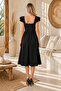 Krepkumaş Shoulder Detailed Square Collar Midi Length Bell Cut Black Dress 125 - 3