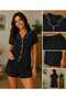 Women's Pajama Set Black Short Sleeve Shirt Collar Shorts Pajama Set - 3
