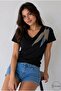 Women's Black V-Neck Leaf Patterned Sequin Embroidered 100% P Cotton T-Shirt - 2