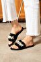 Minoa Women's Pearl Detailed Straw Textured Plain Black Slippers - 4