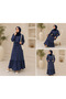 Mahit- Chic Linen Maxi Dress with side pockets and ruffled hem in navy blue pinstripe - 3