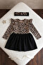 Girl's Leopard Patterned Long Sleeve Frilly Dress Bandana Set - 3