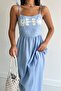 Women's Embroidery Detailed Strap Linen Dress Blue