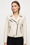 Beige Bloom Women's Zippered Biker Genuine Leather Coat