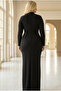 Pile Detailed Stone Embroidered Lined Plus Size Hijab Evening Dress Black Tbsmda2648 - 6