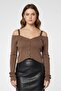 Women Square Neck Long Sleeve Metallic Top, Brown