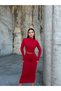 Flexible Sandy Fabric Tulle Neckline Detail High Neck Long Sleeved Midi Length Pencil Dress Red 583154 - 2