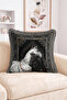 Authentic Carpet Border Pattern with White and Black Horse Figures, Black Fringed Throw Pillow Cover, Modern Decorative - 2
