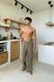 Elastic Waist Comfortable Fit Linen Trousers Khaki - 3