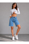 Women's High Waist Long Dark Blue Denim Lycra Jeans Shorts with Tassels - 4