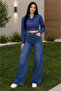 Belt Detail Striped Patterned Crop Shirt Navy Blue - 2