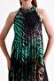 Halter Neck Pleated Digital Printed Sleeveless Satin Dress |   Elb34513 Black Tiger Pattern - 4