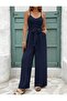 Women's Rope Strap V-Neck Long Aerobin Jumpsuit with Belt at the Waist - 3