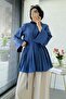 Ribbed Front Detail Flounce Sleeve Tunic - Indigo - 2