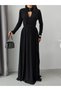 Black Collared Long Dress with Buttoned Back Tie Detail - 4