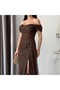 Brown Off-Shoulder Draped Lace Fabric Evening Dress - 5