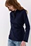 Polo Collar Sweatshirt with Waist Tie Detail, Navy Blue