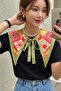 Women's Oversize T-Shirt Anatolia Bloom with Shawl Collar Accessory Black – Comfortable Fit, 100% Cotton - 2