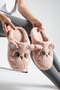 Dried Rose Embroidered, Figured, Fluffy, Women's House Slippers (Washable, Noiseless, Dowry Gift)