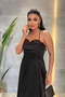 Satin Fabric Degaje Collar Midi Dress - Black - 4
