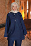 Navy Blue Collared Buttoned Tunic and Trousers Set - 3