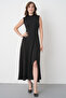Women's Black Oysho Fabric Stand Collar Slit Basic Black Midi Dress 77161