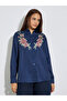 Navy Blue Floral Embroidered Long Sleeve Shirt - 3