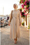 Elasticized Sleeves Belted Dress 2261-03 Beige