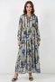 Women's Shirt Collar, Gathered Waist, Long Sleeve, Floral Patterned, Viscose, Dark Gray, Hijab Dress