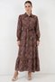Women's Shirt Collar Belted Floral Patterned Viscose Brown Hijab Dress