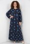 Women's Lace-Up Collar, Gathered Waist, Floral Patterned Viscose Navy Blue Hijab Dress
