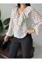 Women's Polka Dot Chiffon Ruffle Collar V-Neck Lace Detailed Balloon Sleeve Loose Blouse - 6