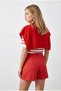 Women's Red Scarf Detailed Striped Short Sleeve Knitwear Blouse Blz-19003353 - 5