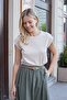 Women's Quality Lycra-Free Span Fabric Wide Zero-Neck Double Sleeve Epaulet Buttoned T-Shirt Blouse-Beige - 3