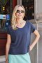 Women's Stretchy Silky Textured Modal Fabric V-Neck Off-Shoulder Blouse-Navy Blue - 4