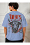 Unisex Beige Taurus Printed Oversize Crew Neck T-Shirt - 2