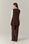 Sleeveless Double-Breasted Collar Belted Stylish Fit Brown Suit 1752 - 5