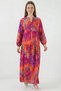 Women's Round Neck Gathered Waist Layered Authentic Patterned Viscose H. Fuchsia Hijab Dress - 4