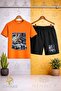 Crew Neck Kids' Car Blue Multiple Square Printed T-Shirt - Shorts Set