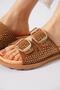 Urena Stone Double Buckle Genuine Leather Women's Slippers Tan - 4