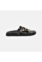 Women's Black Geometric Leather Slippers with Metal Detail - 2
