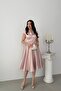 Powder V-Neck Belted Short Sleeve Midi Evening Dress