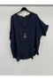 Navy Blue Italian Plus Size Asymmetrical Cut Long Blouse Tunic with Necklace 42 - 52 Size - 2