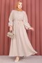 Balloon Sleeve Half Buttoned Hijab Dress Beige - 5