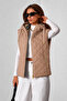 Women's Beige Hooded Plaid Lined Quilted Puffer Vest